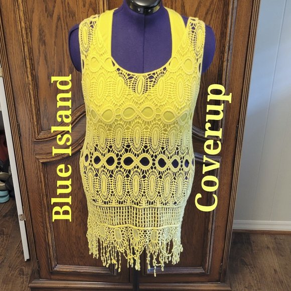 ❣️HP❣️ Blue Island women's yellow crochet fringe swim cover up size: M - Picture 1 of 5